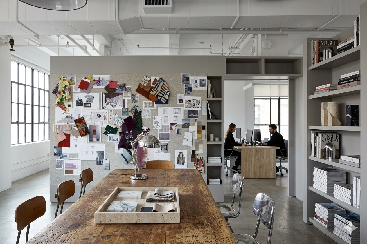 Interior of a modern office or studio space with a large wooden table, a bulletin board with fabric and paper samples, and two people working at desks near large windows.