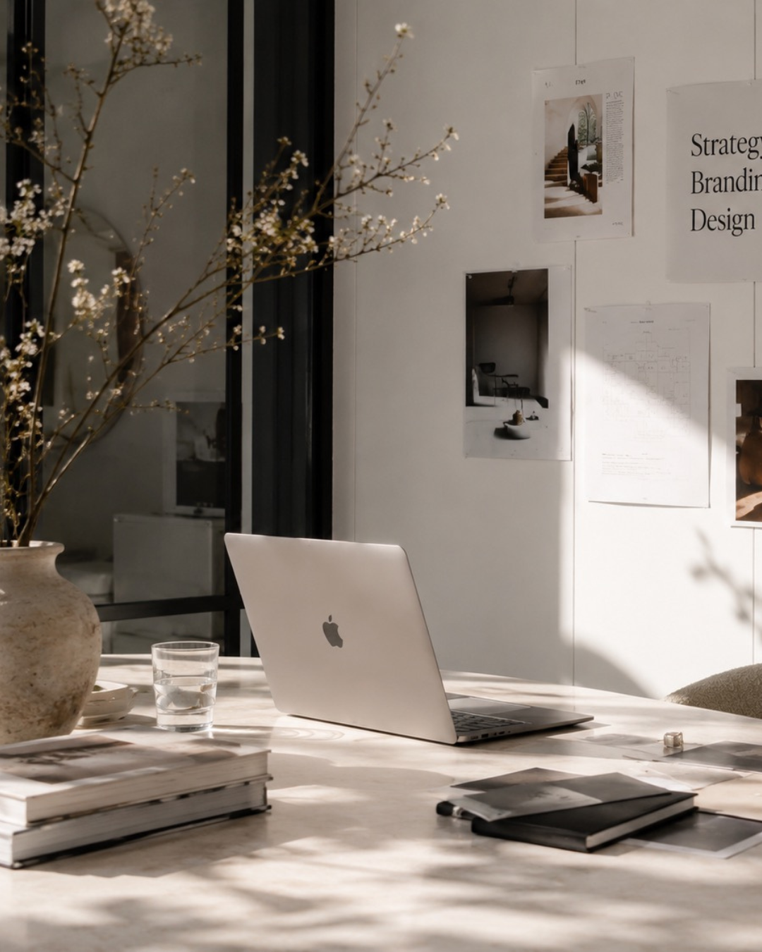 A minimalist workspace with a white MacBook on a white table, a glass of water, some books, and a large vase with flowering branches. The background features a white wall with framed artwork and text, with sunlight casting shadows.
