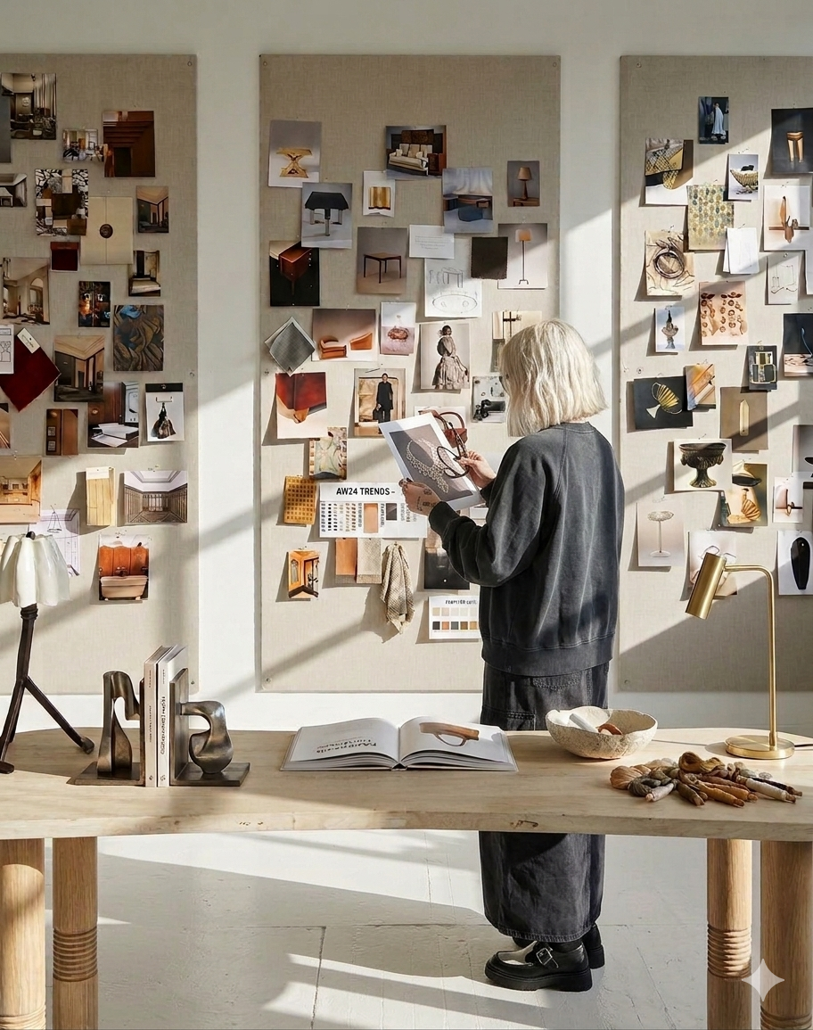 Person viewing a mood board or design inspiration wall with furniture and interior decor ideas in a well-lit room.