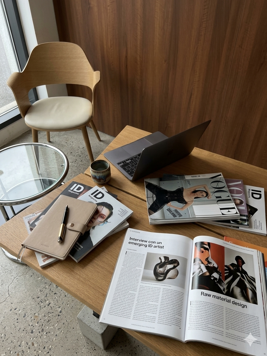 A wooden table with magazines, a laptop, a cup, a notebook with a pen, and a small plate. A wooden chair and a glass side table are nearby, next to a window.
