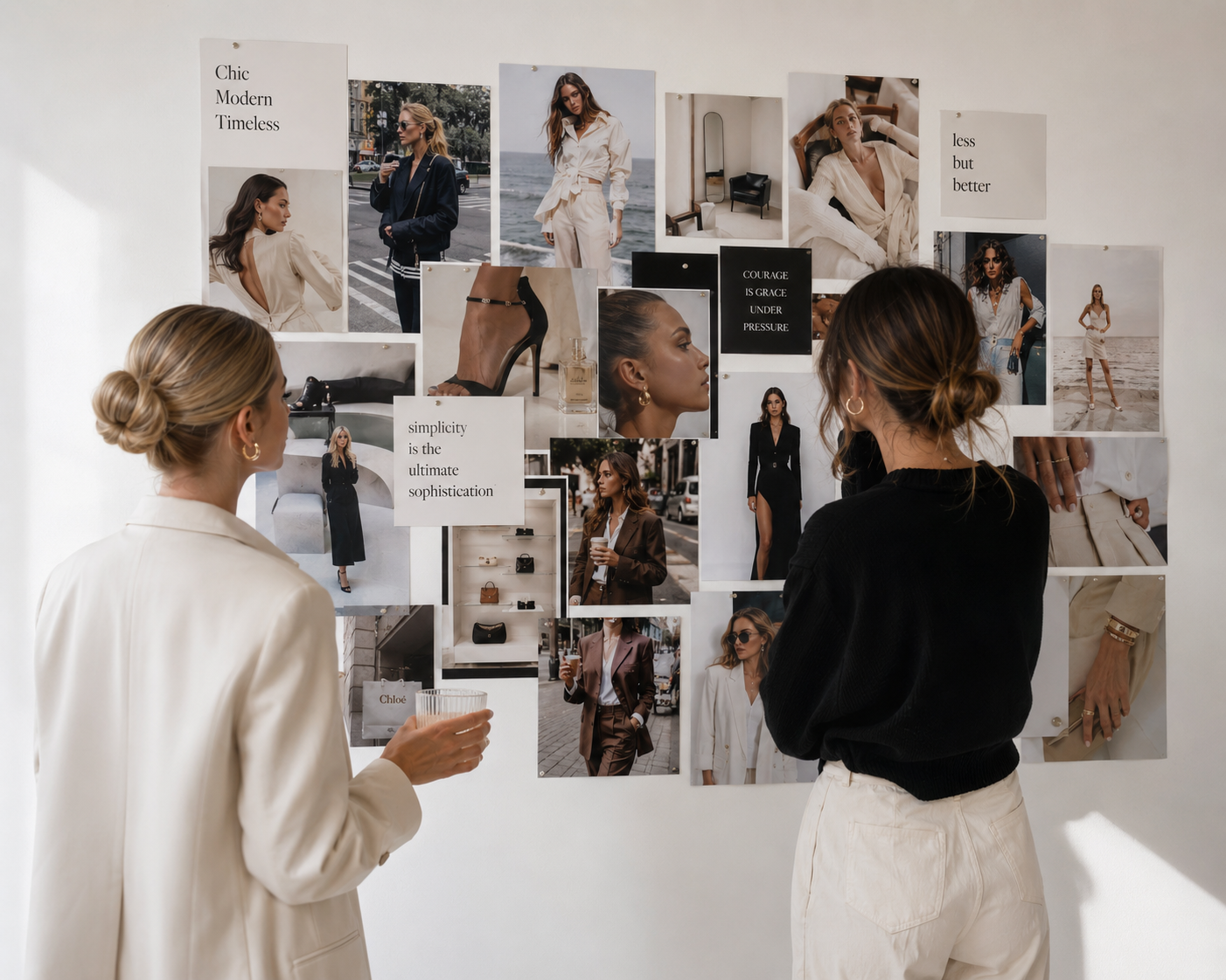 Two women are looking at a collage of fashion photographs and quotes on a white wall. One woman has blonde hair in a bun, wears a cream blazer, and holds a glass. The other woman has brown hair in a bun, wears a black sweater and cream pants.