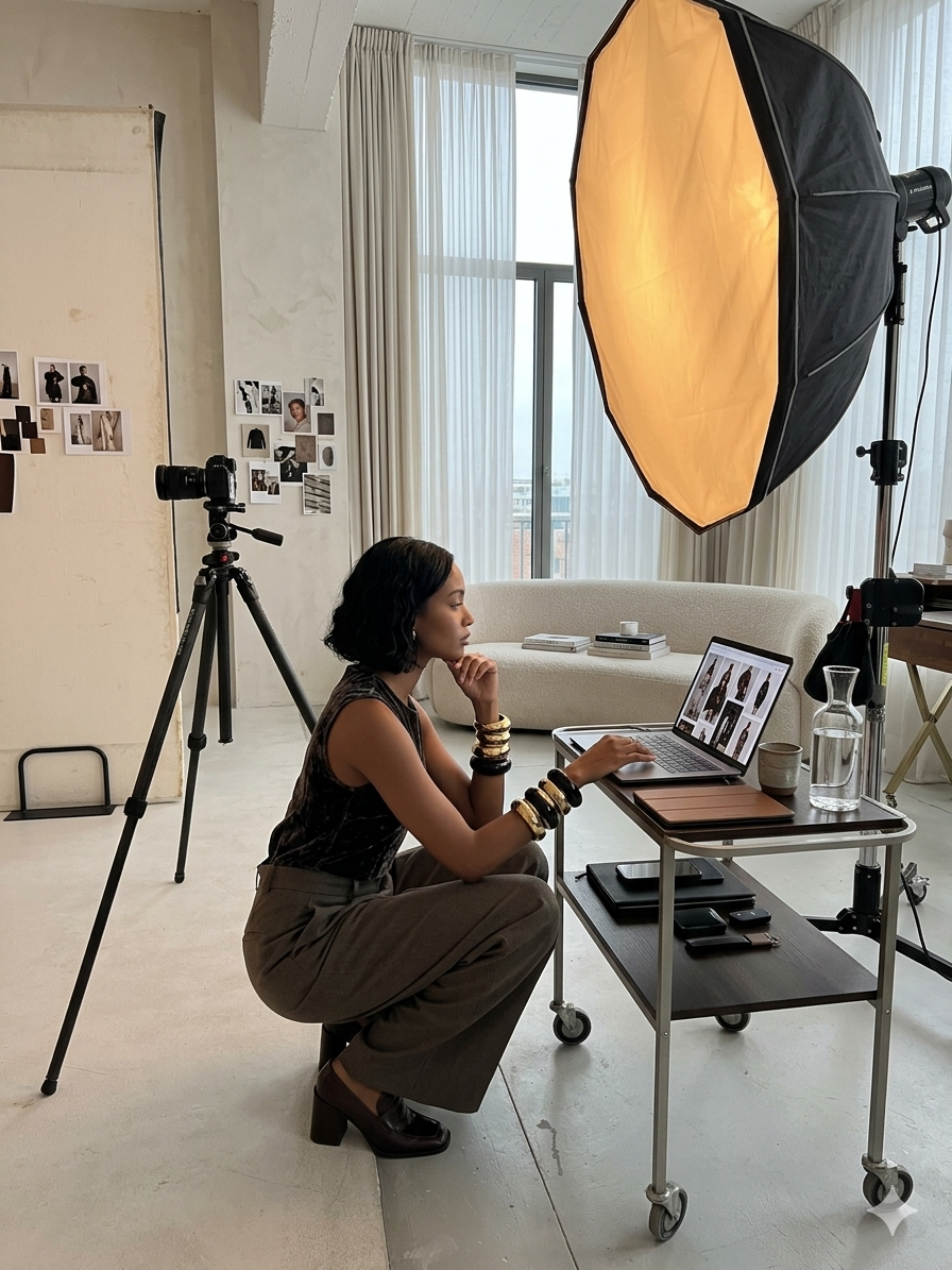A woman squats in a photography studio, looking at a laptop with photos on the screen. The studio has a large softbox light, a tripod, a white sofa, and a window with sheer curtains.
