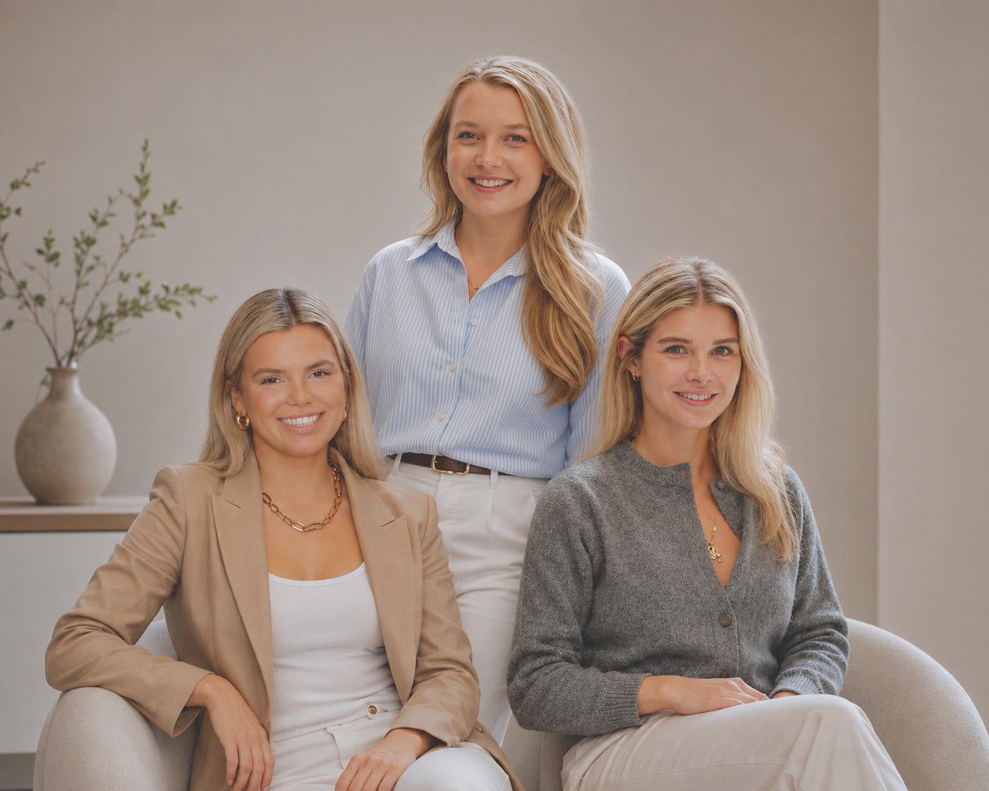 Four young women with blonde hair and light skin, smiling, posed in a neutral-toned room. One is sitting on a beige armchair, and two are seated on a couch, while the fourth stands behind them. They are dressed in casual but stylish clothing, with a minimalistic plant in a vase on a side table in the background.