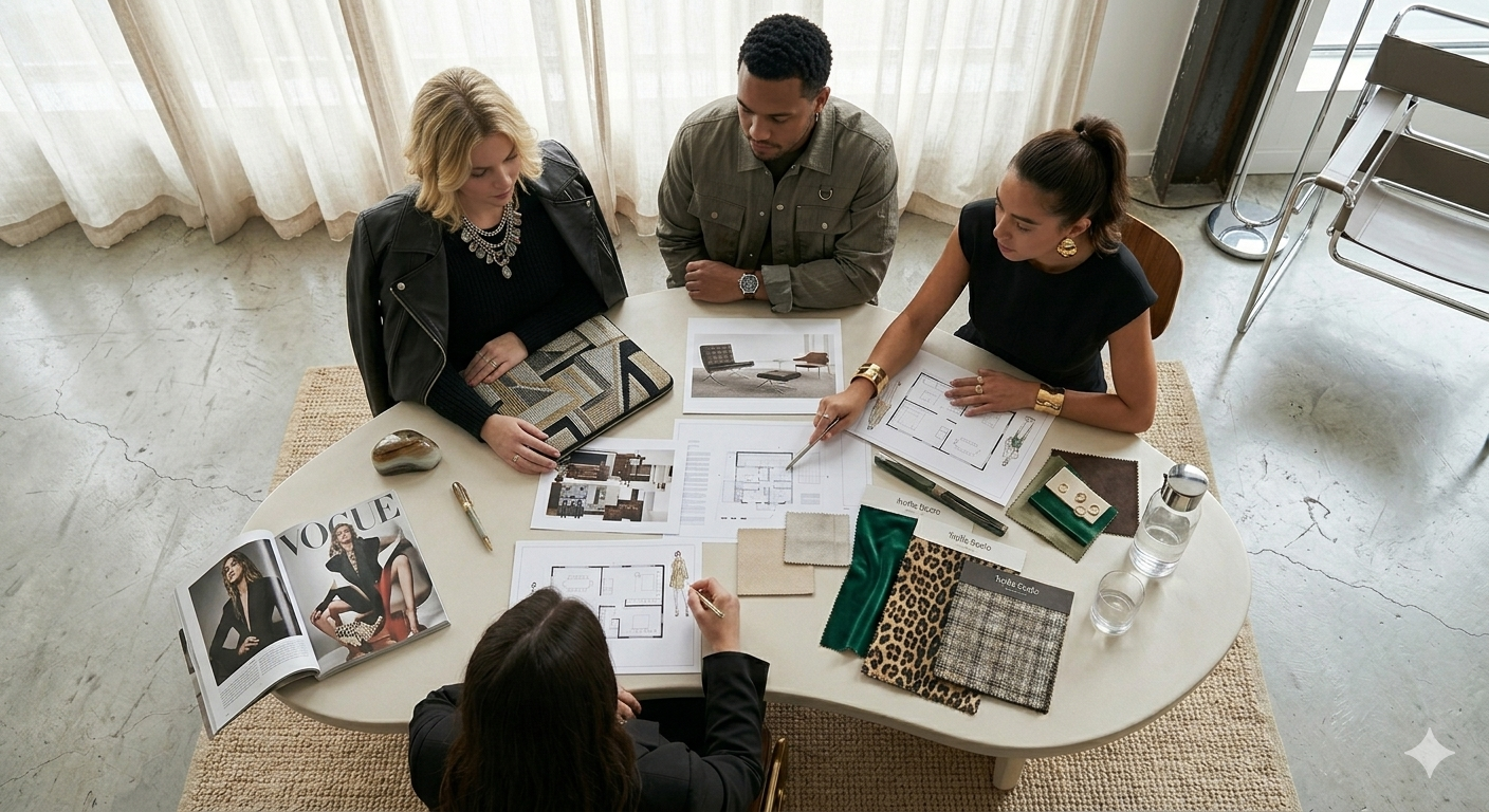 Four people sit around a table looking at floor plans and design materials in a bright room.