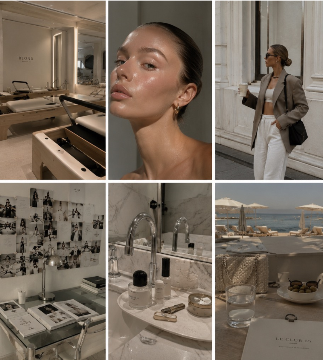 Collage of six images: a minimalist spa or salon interior, a close-up of a woman's face with glowing skin, a woman in a beige blazer and white pants holding a coffee cup outdoors, a wall covered with black-and-white photos, a bathroom sink with skincare products, and a beachside scene with umbrellas and a table with snacks.