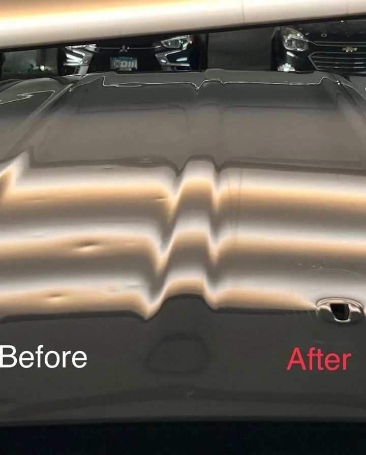Comparison of a car hood before and after polishing, showing a shiny, smooth surface in the after image.