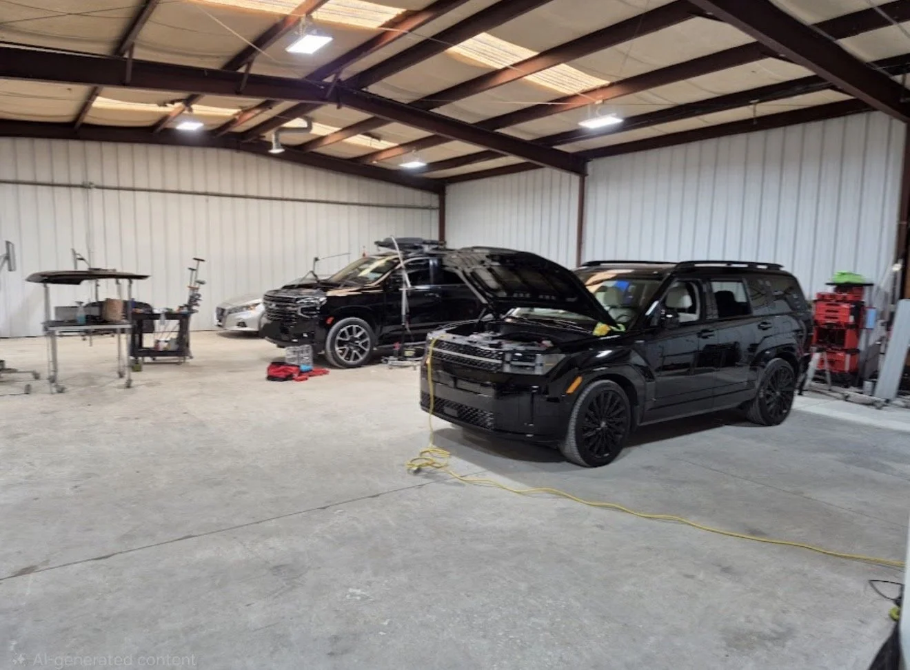 Inside a large metal workshop with three parked vehicles, one with its hood open, and various tools and equipment around.