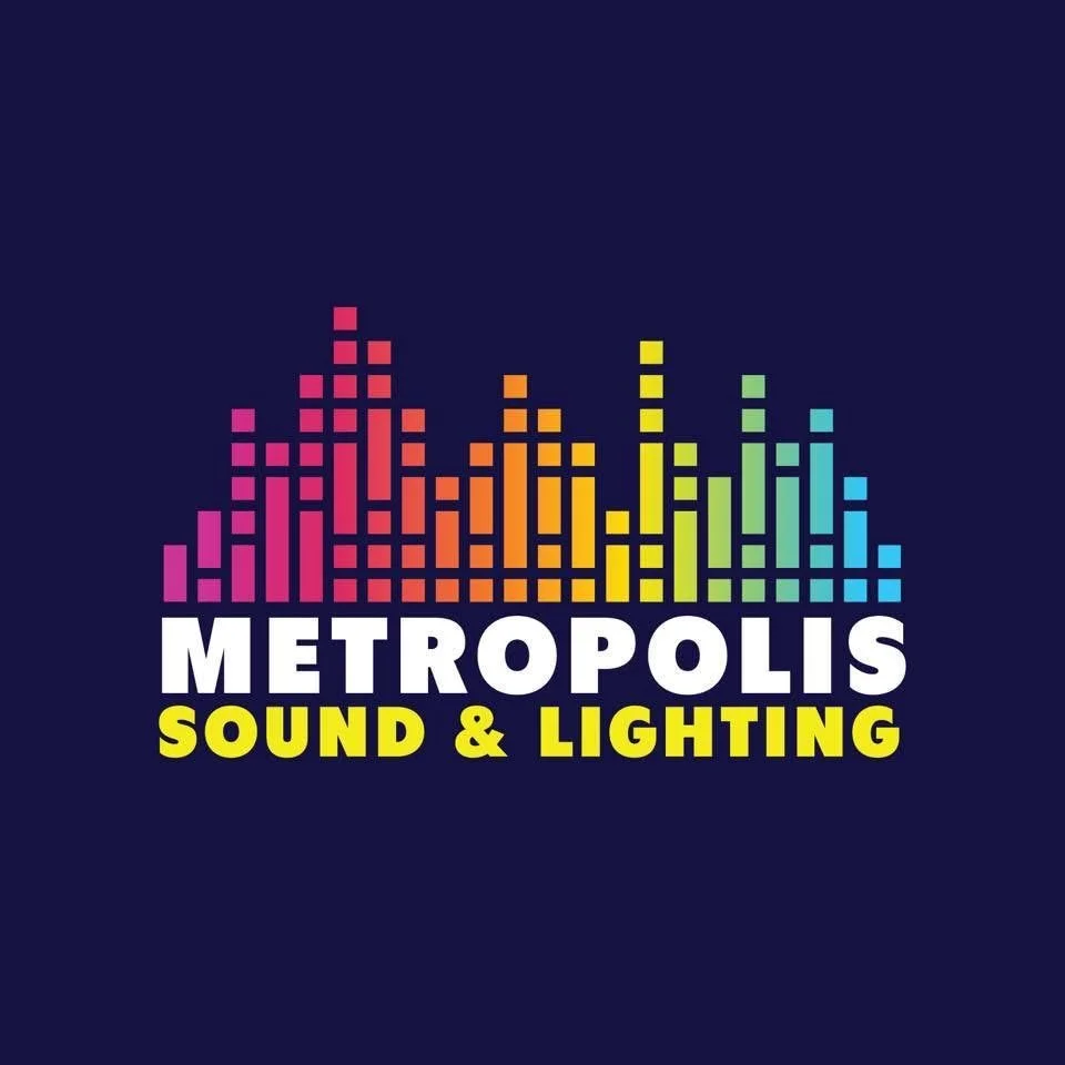 Logo for Metropolis Sound & Lighting featuring a colorful equalizer graphic and bold white and yellow text on a dark background.