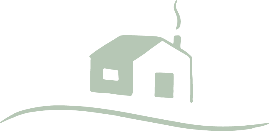 Simple drawing of two houses on a hill with a chimney emitting smoke.
