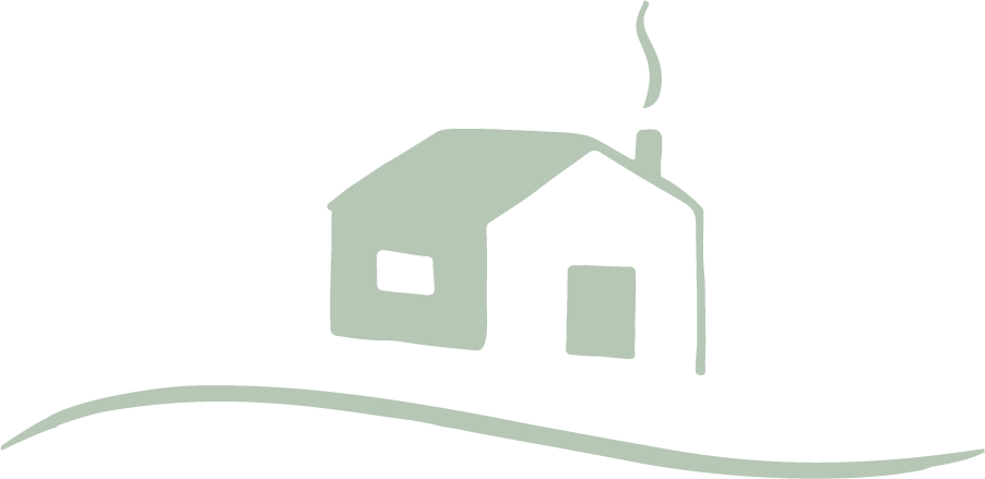 Simple drawing of a hous with a chimney, smoke rising, on a curved ground line.