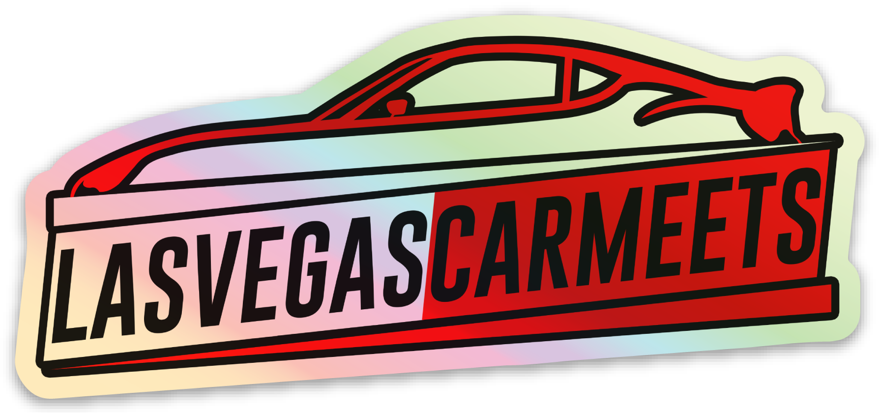 Neon-style sign featuring a red sports car above the text 'Las Vegas Car Meets' divided into two sections with different background colors.