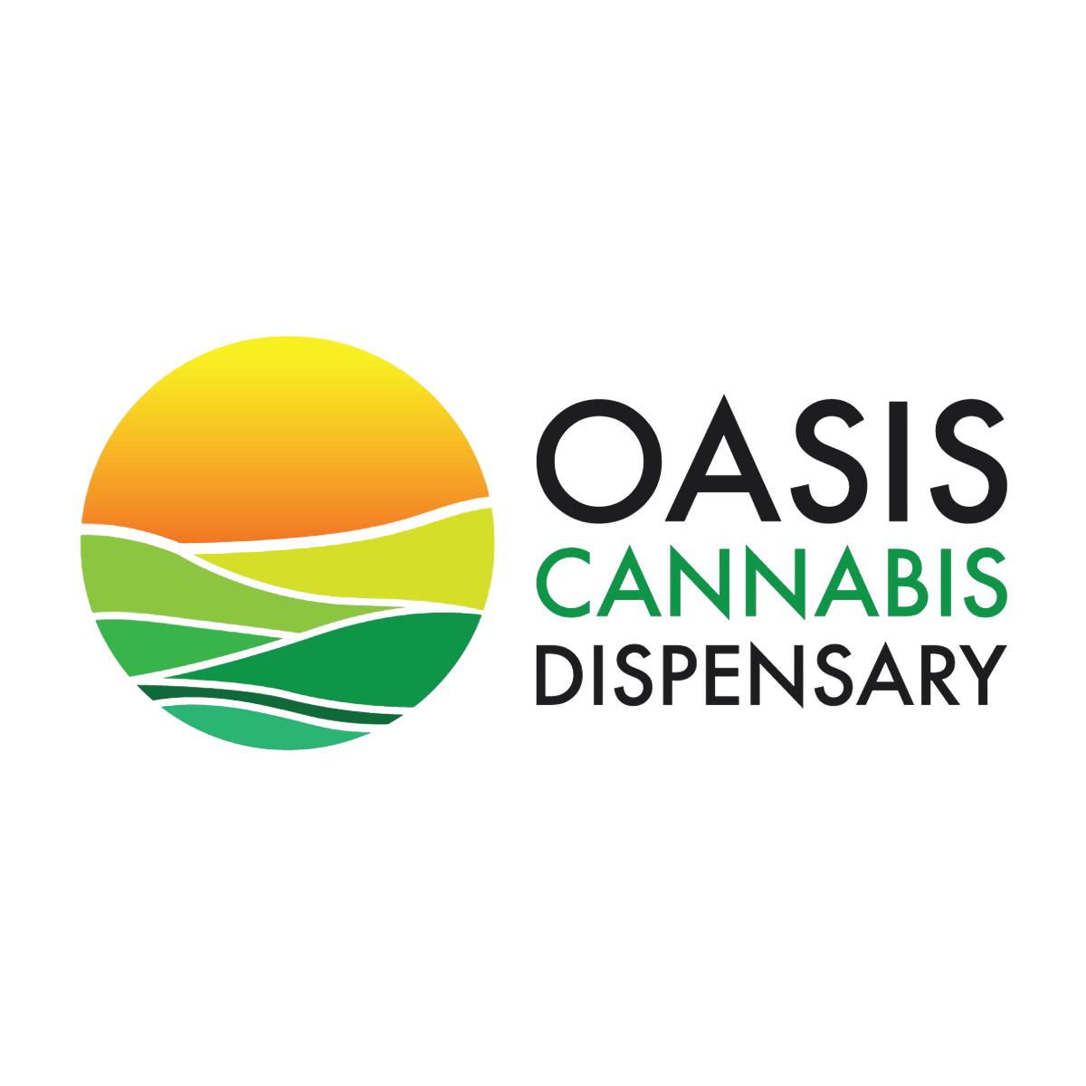 Logo for Oasis Cannabis Dispensary featuring a stylized sun, a hill, and leaves with the text 'Oasis Cannabis Dispensary'.