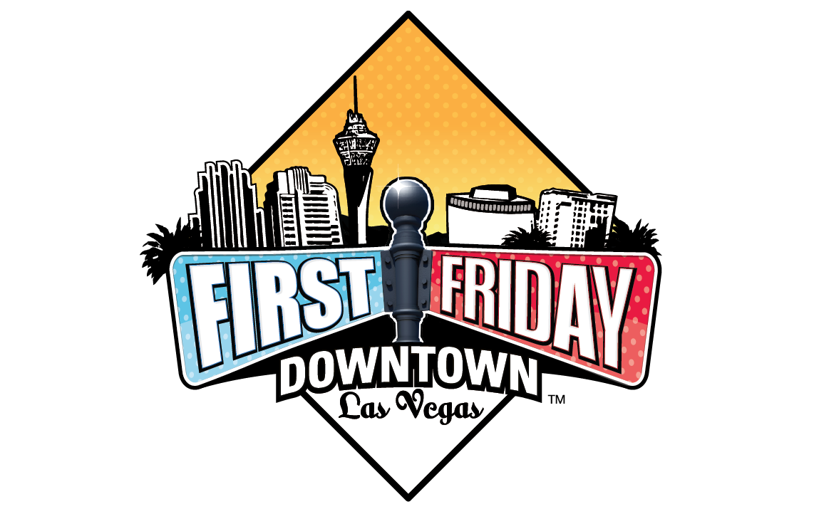 Logo for First Friday Downtown Las Vegas featuring a skyline with buildings and a tower, a yellow triangle background, and street signs for 'First' in blue and 'Friday' in red with polka dots, and text 'Downtown Las Vegas' at the bottom.