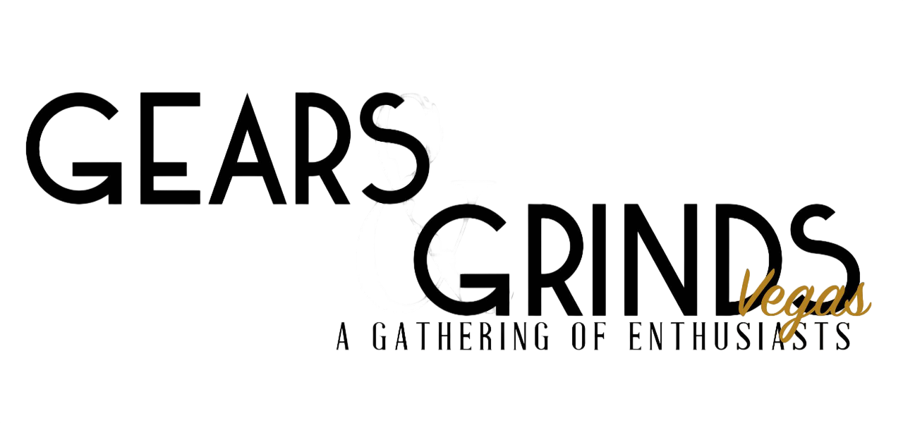 Logo for a bi-weekly car show called 'Gears and Grinds Vegas' with stylized black text, a gear icon in the center, and the word 'Vegas' in gold cursive at the bottom right.