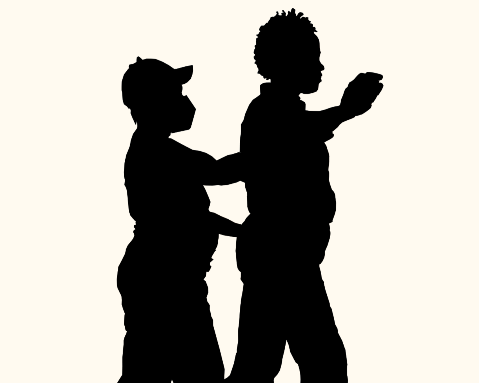 Silhouette of two people, one behind the other, with one person touching the back of the other, who is reaching out.