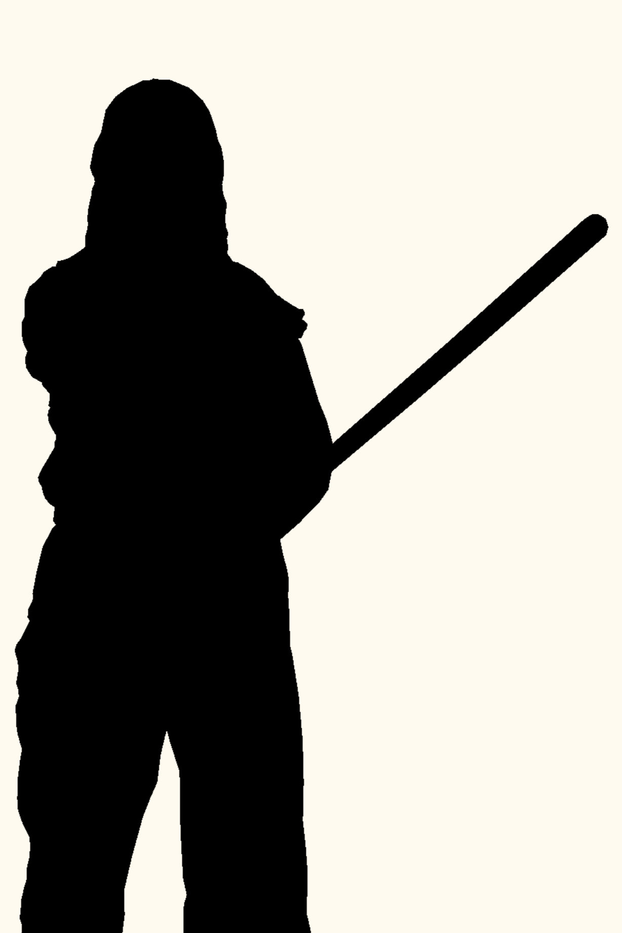 Silhouette of a person holding a jo against a light background.