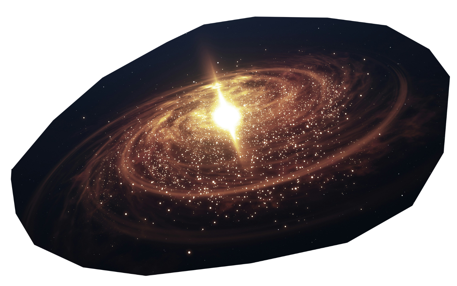 An artistic depiction of a galaxy with a bright central core, swirling arms, and numerous stars surrounding it.