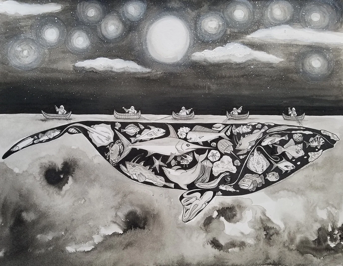 "Moonlight Voyage," ink, 2018