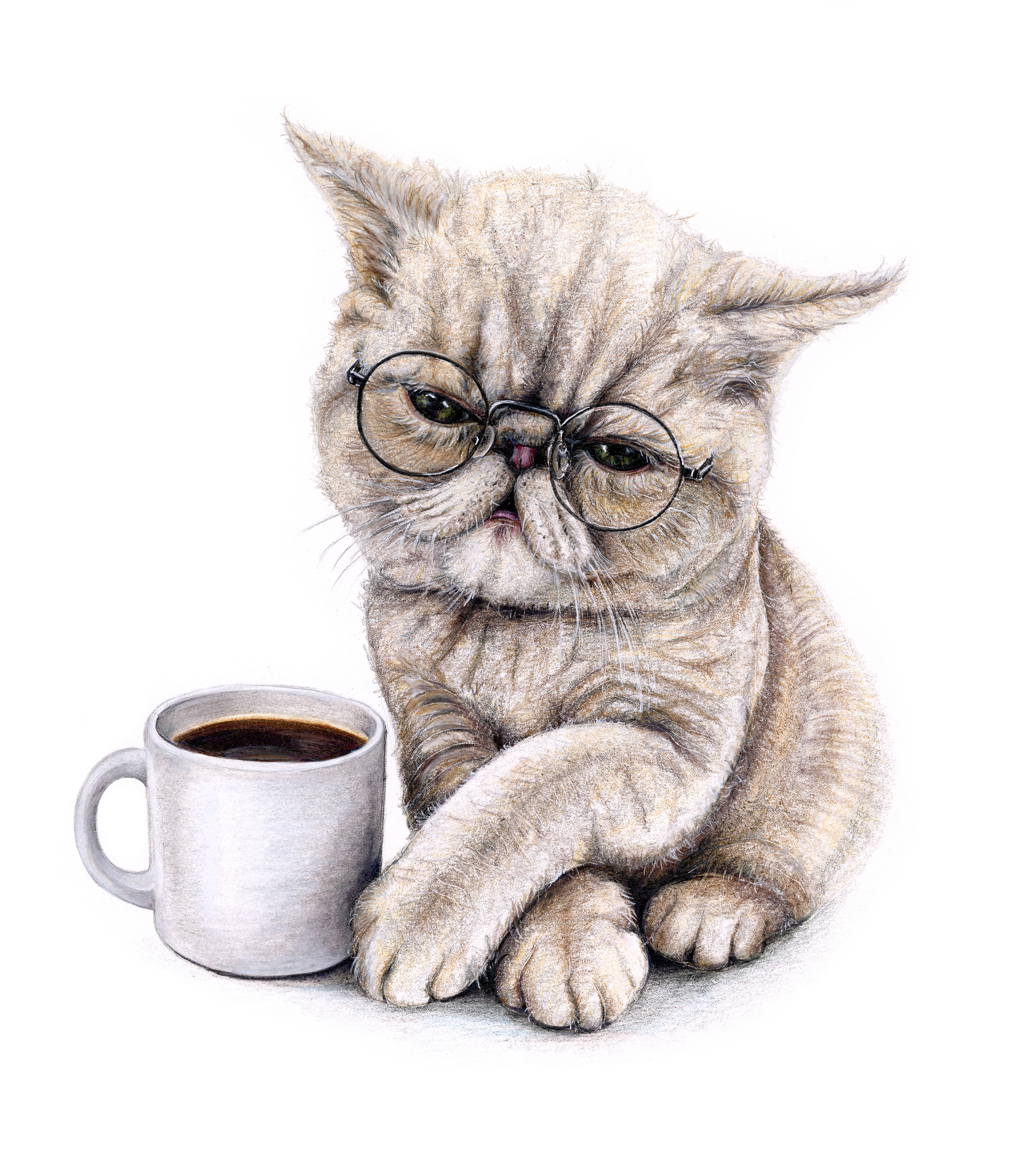 Drawing of a kitten wearing round glasses sitting beside a coffee cup, with a content expression.