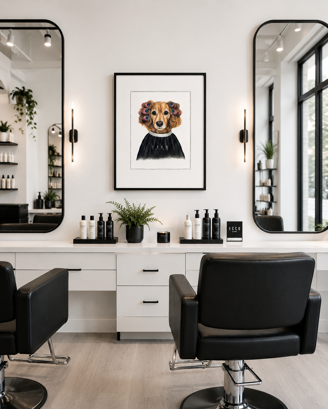 Modern hair salon interior with black styling chairs, white counter, mirror, hair products on the counter, a framed illustration of a dog with curlers in its hair, and a large window with natural light.