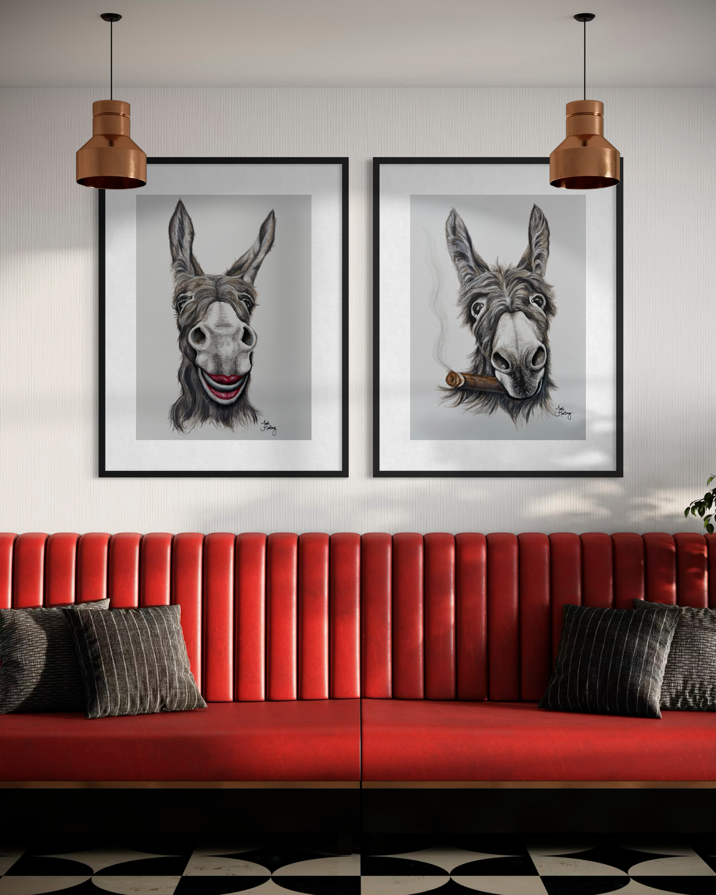 Two paintings of donkeys hang on a white wall above a red leather upholstered bench with black and white checkered floor. The left donkey is smiling with red lips, while the right donkey is smoking a cigar.