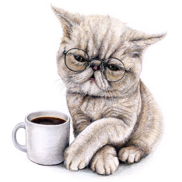 A cute cat wearing glasses sitting next to a cup of coffee.