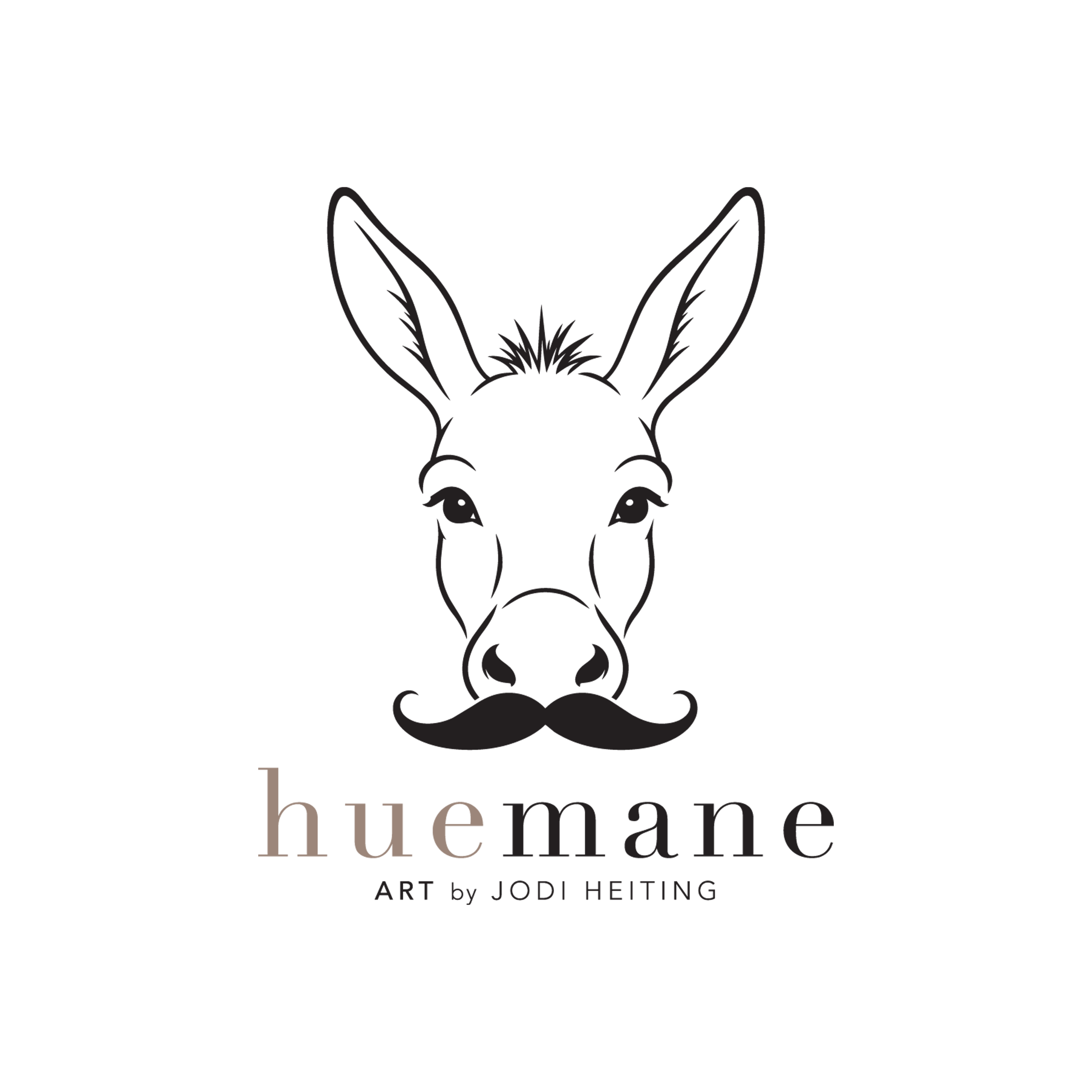 Black and white logo featuring a stylized donkey head with elongated ears above the brand name 'hue man ART & CULTURE' and the subtitle 'ART by JODI HEITING'.