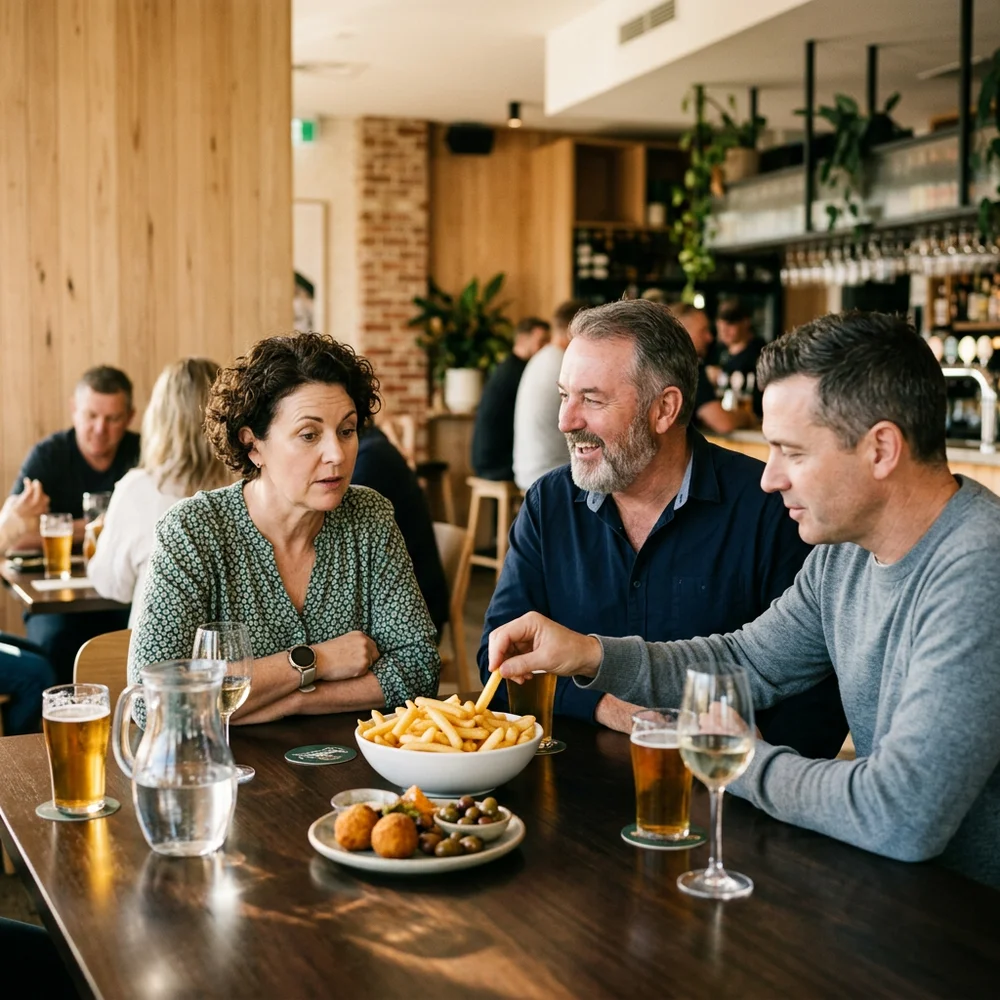 Friends at a pub table as someone reaches for a bowl of chips