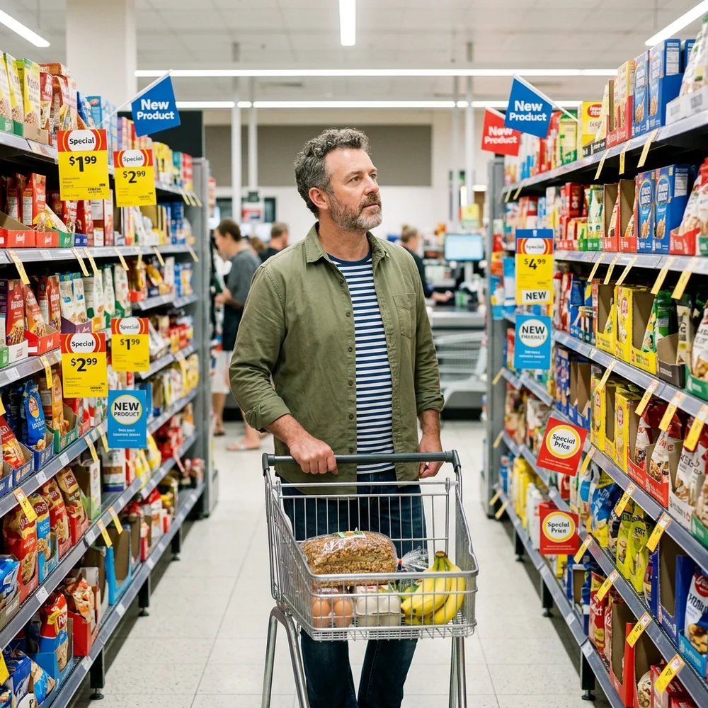 A man pushing a trolley down a supermarket aisle full of specials