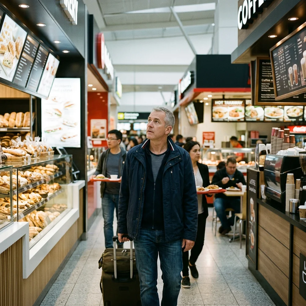 A man walking through an airport food court past a bakery counter