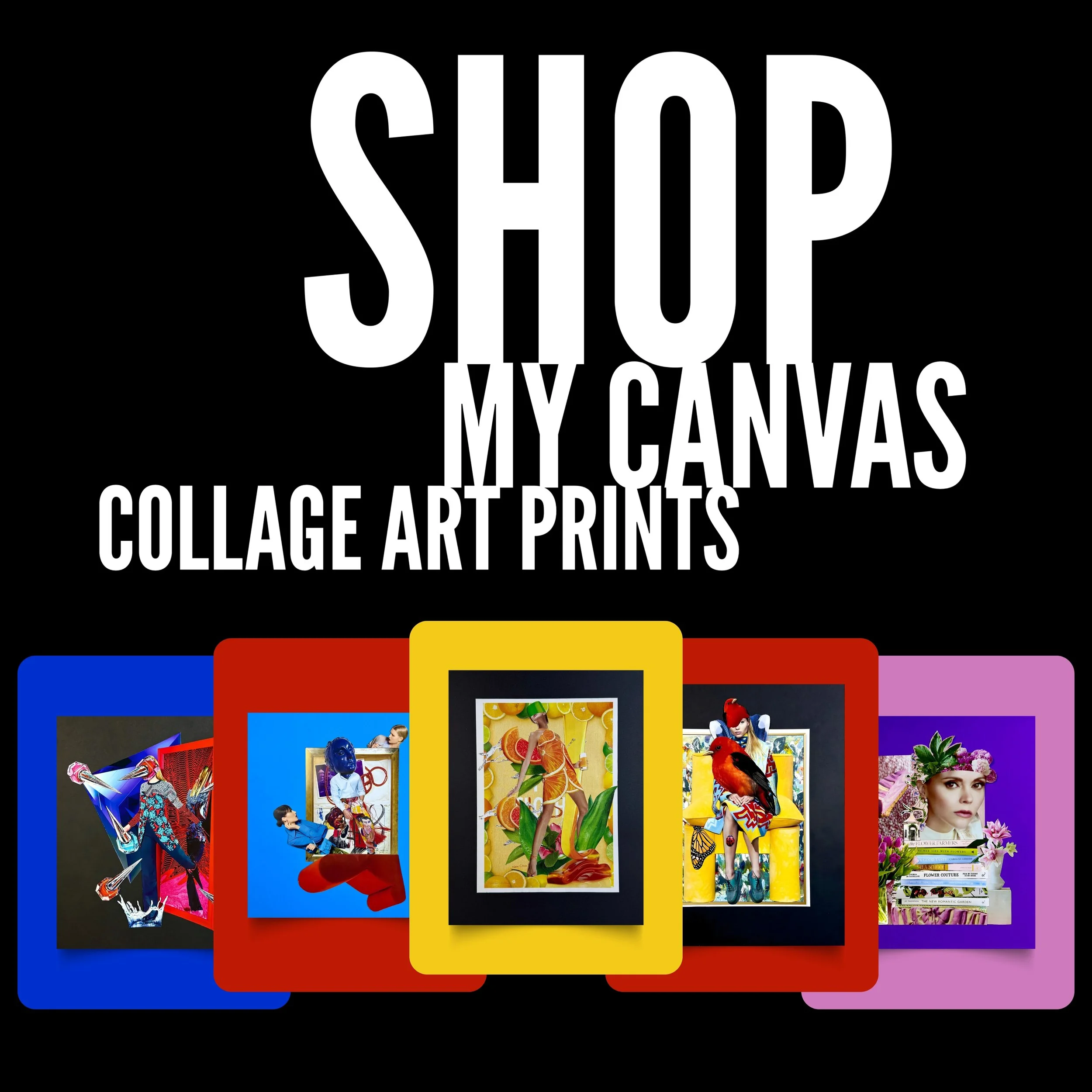Surreal collage art prints by CJ, available as canvas prints with bold magazine cutout designs and creative storytelling.