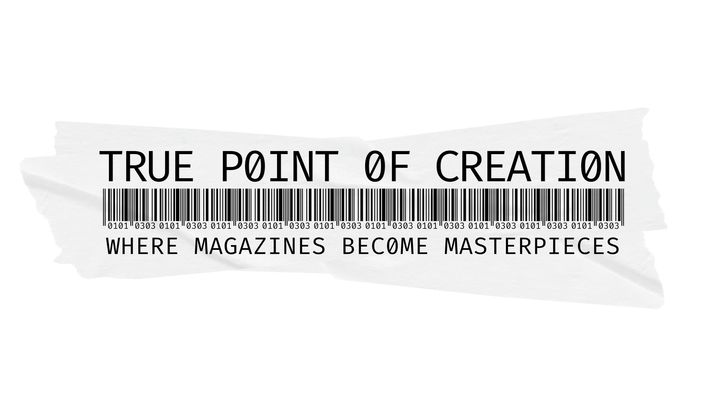 True Point of Creation logo with barcode design and collage-style elements, representing surreal magazine cutout art.
