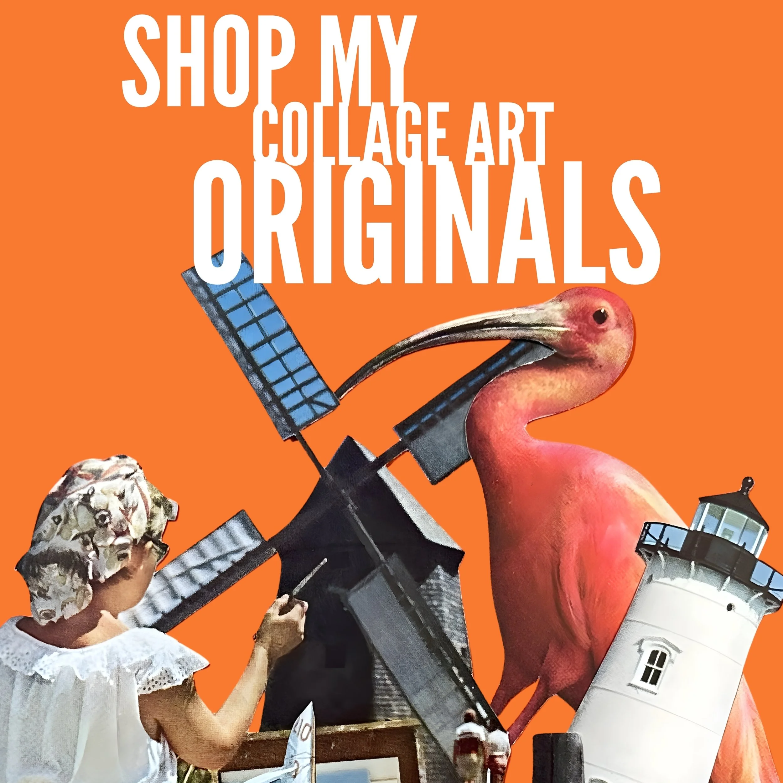 Original surreal collage art by CJ, featuring magazine cutout design and clickable image to shop physical handmade collage artwork.