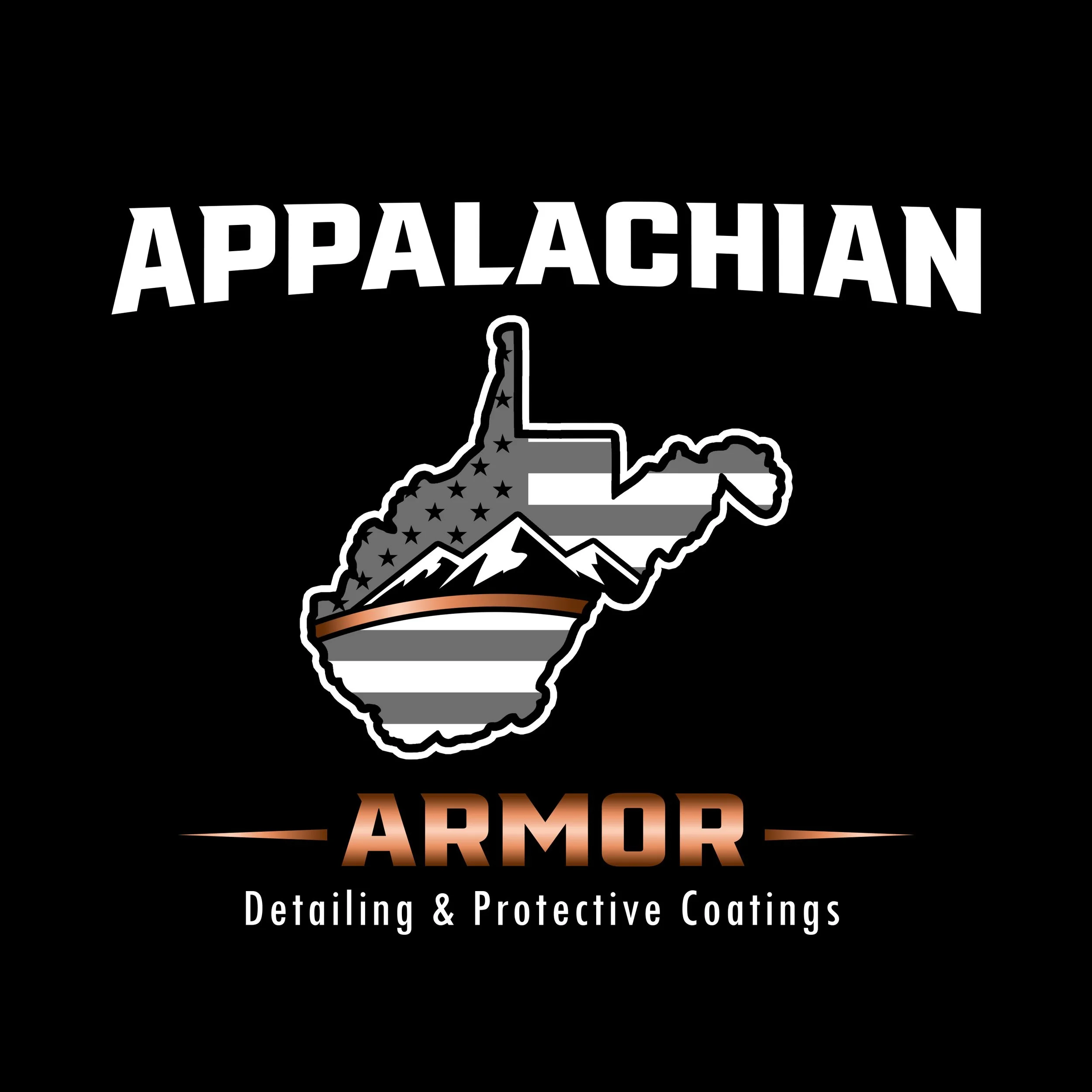 Logo for Appalachian Armor with a mountain outline and American flag design, featuring the text 'Appalachian Armor Detailing & Protective Coatings' on a black background.