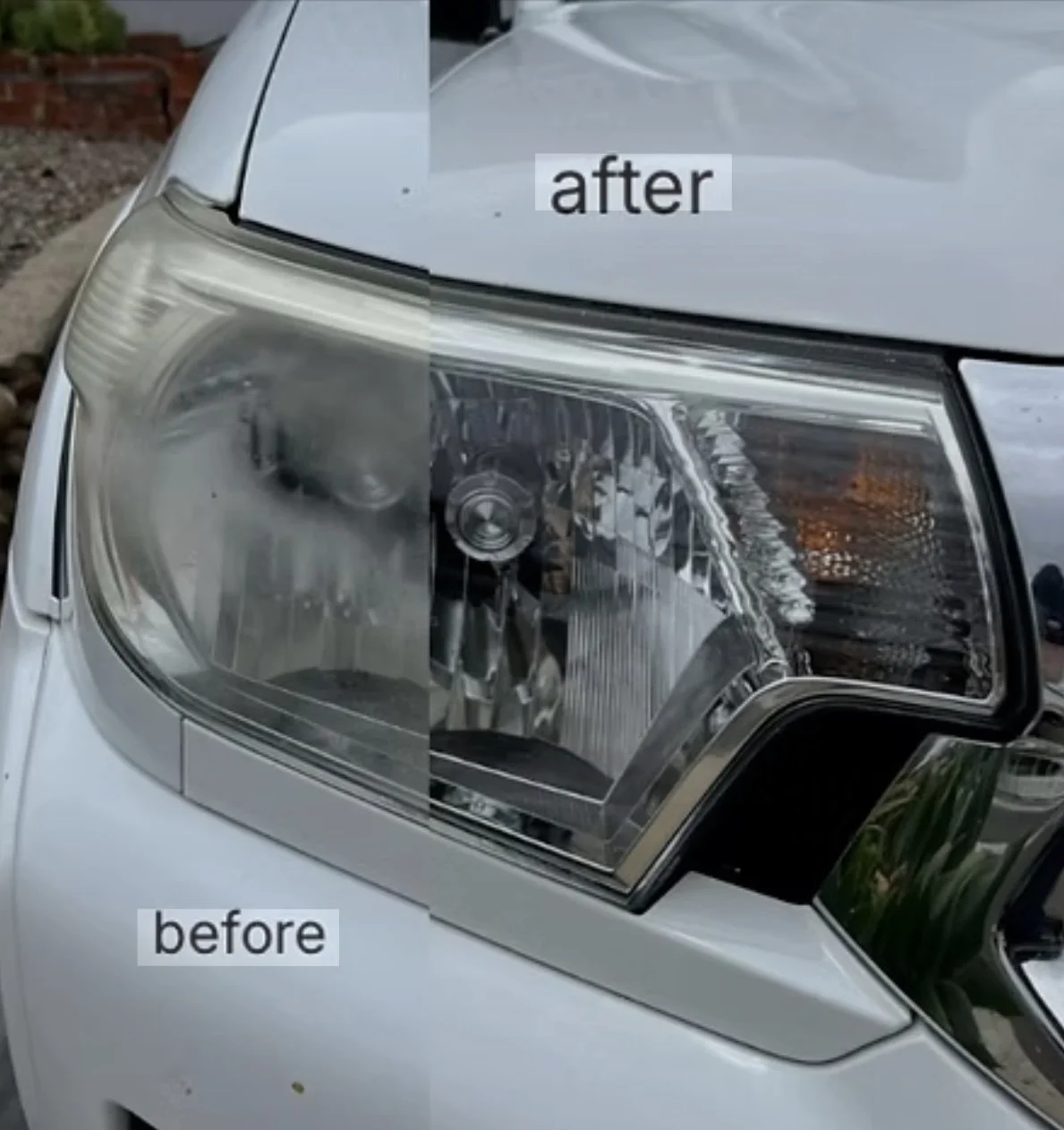 Side-by-side comparison of a car headlight before and after restoration, with the 'before' showing a cloudy, foggy headlight and the 'after' showing a clear, shiny headlight.