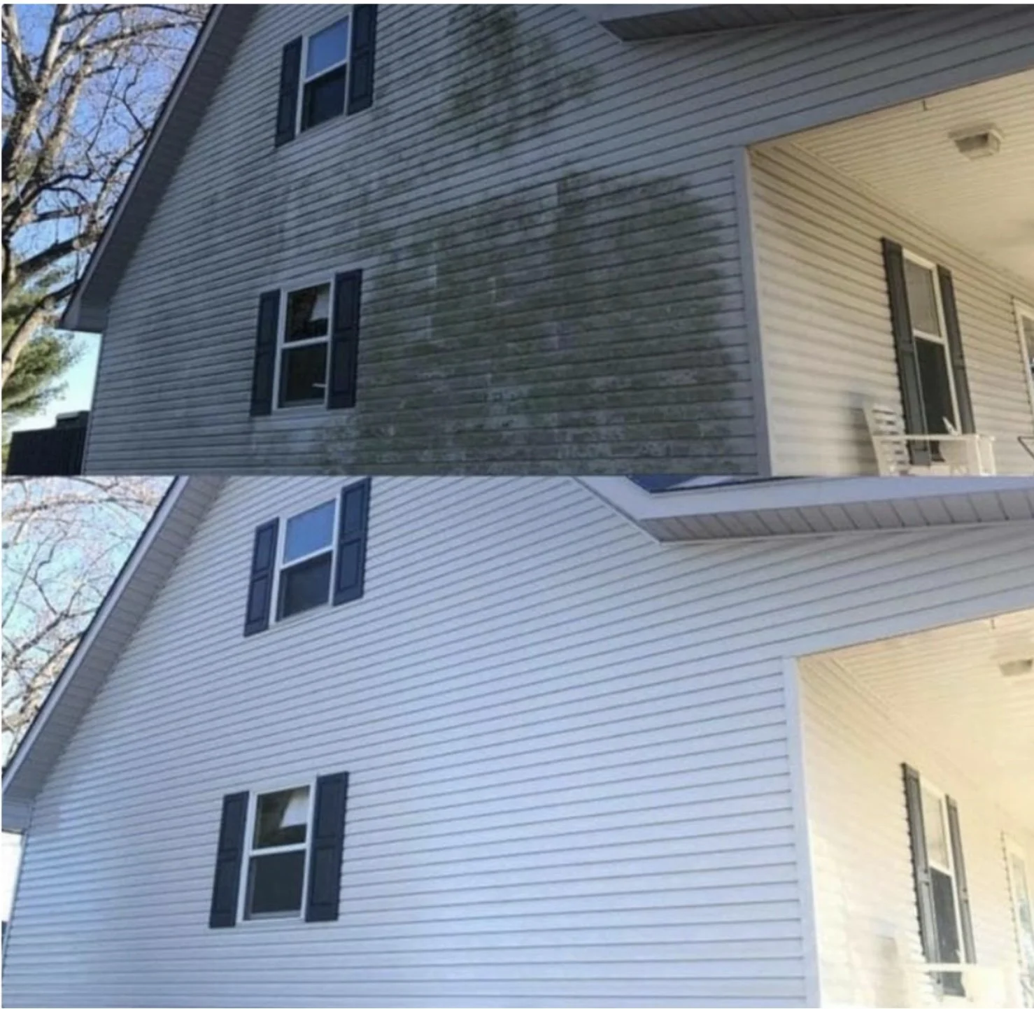 Comparison of house siding, showing dirty and cleaned sides. The top half depicts dirty, weathered siding; the bottom half shows clean, freshly washed siding.