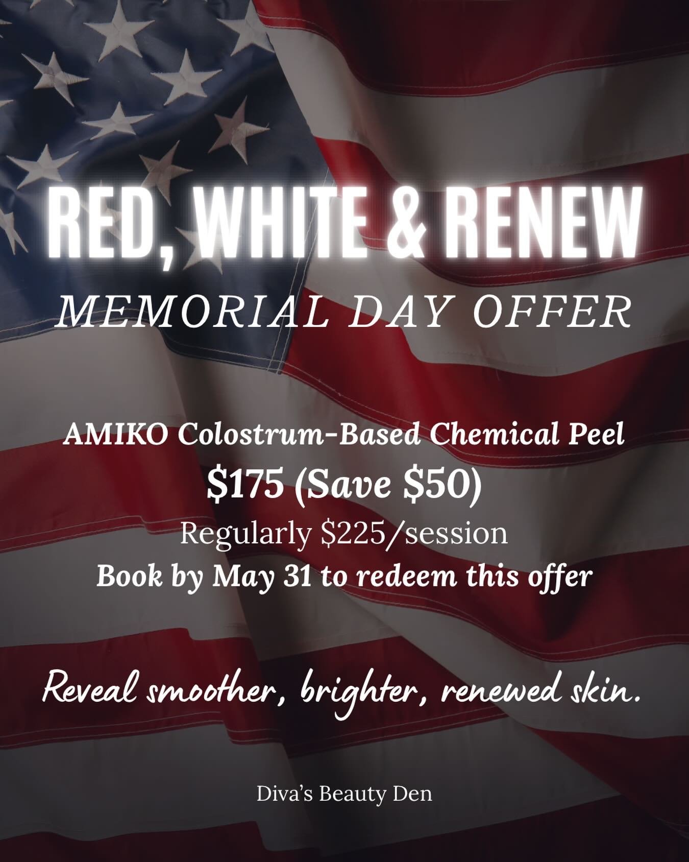❤️🤍 RED, WHITE &amp; RENEW ❤️🤍

I wanted to do something special for Memorial Day weekend ✨

For a limited time, I&rsquo;m offering my AMIKO Colostrum-Based Chemical Peel for $175 (regularly $225).

This is one of my favorite treatments for clients