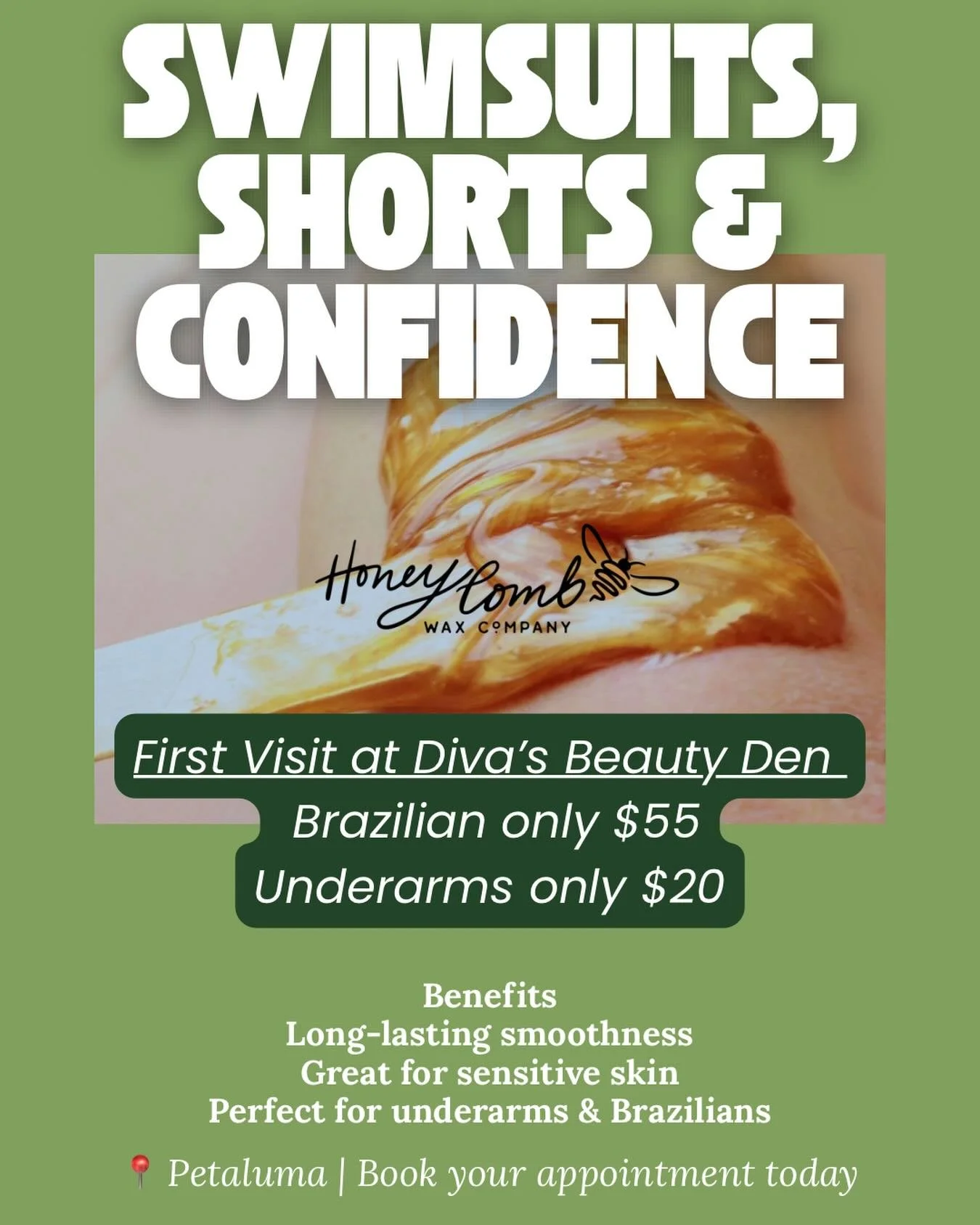 Swimsuits, shorts, and confidence season is here ☀️

If you&rsquo;ve been thinking about trying waxing for the first time, now is the perfect time.

At Diva&rsquo;s Beauty Den, I use Honeycomb Wax Company hard wax because it&rsquo;s gentle on sensiti