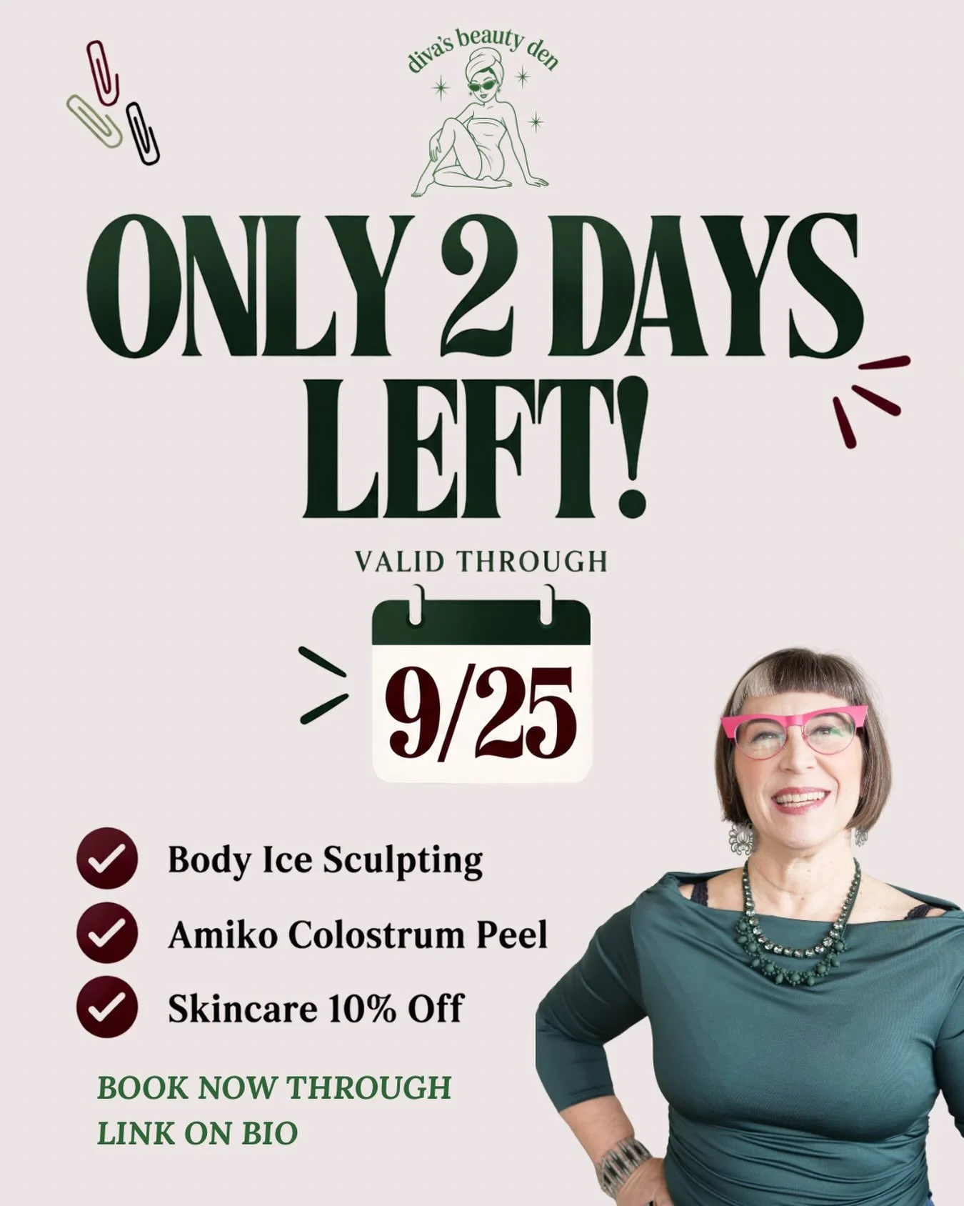 Only 2 days left to take advantage of my September Self-Care Specials! 👀💚

If you&rsquo;ve been thinking about booking, consider this your little reminder before these offers are gone:

✨ $175 Amiko Colostrum Based Peel
🧊 $99 Single Area Body Ice 