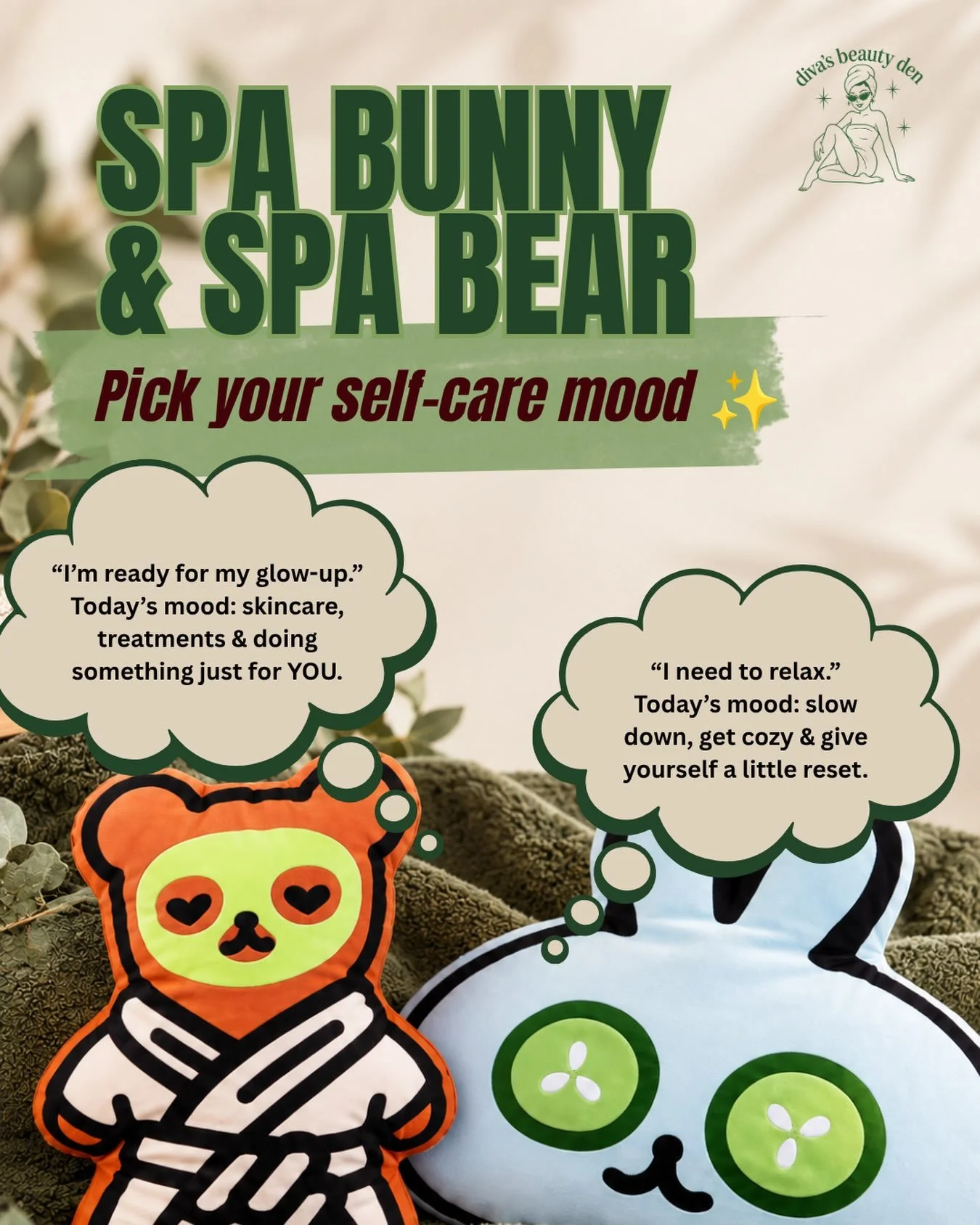 Spa Bunny + Spa Bear are checking in&hellip; 👀✨

Today we&rsquo;re picking our self-care mood:

🐻 &ldquo;I&rsquo;m ready for my glow-up.&rdquo;
Skincare, treatments, and doing something just for YOU.

🐰 &ldquo;I need to relax.&rdquo;
Slow down, ge