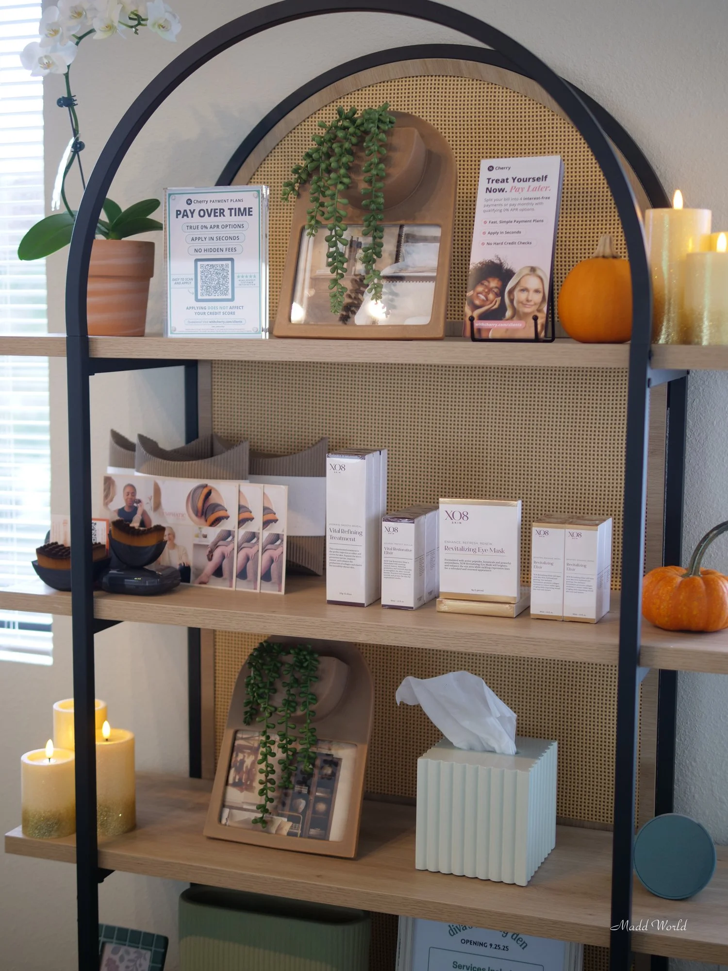 Shelves of products in Diva's Beauty Den treatment room