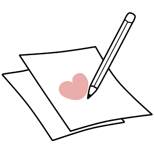A pink heart with black outlines hanging from a black string against a black background.