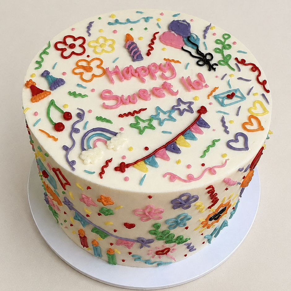 A round cake decorated with colorful sprinkles, stars, hearts, flowers, rainbows, balloons, and confetti. The message "Happy Sweet 16" is written in pink icing on top of the cake.