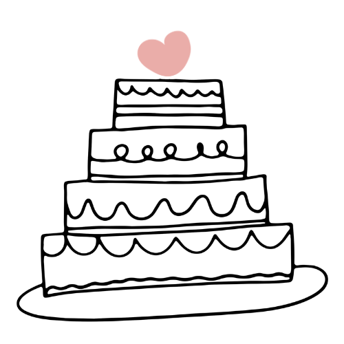 A black silhouette of a three-tiered cake with a pink heart on top.