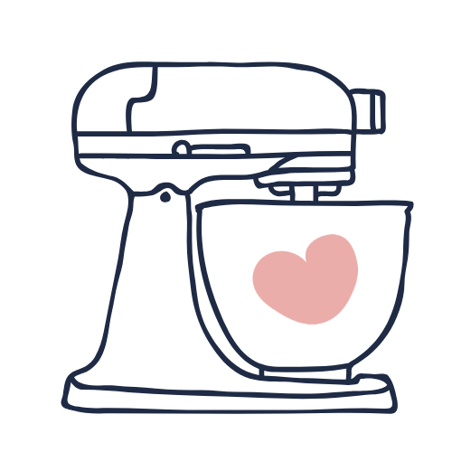 Illustration of a stand mixer with a pink heart shape in the mixing bowl.