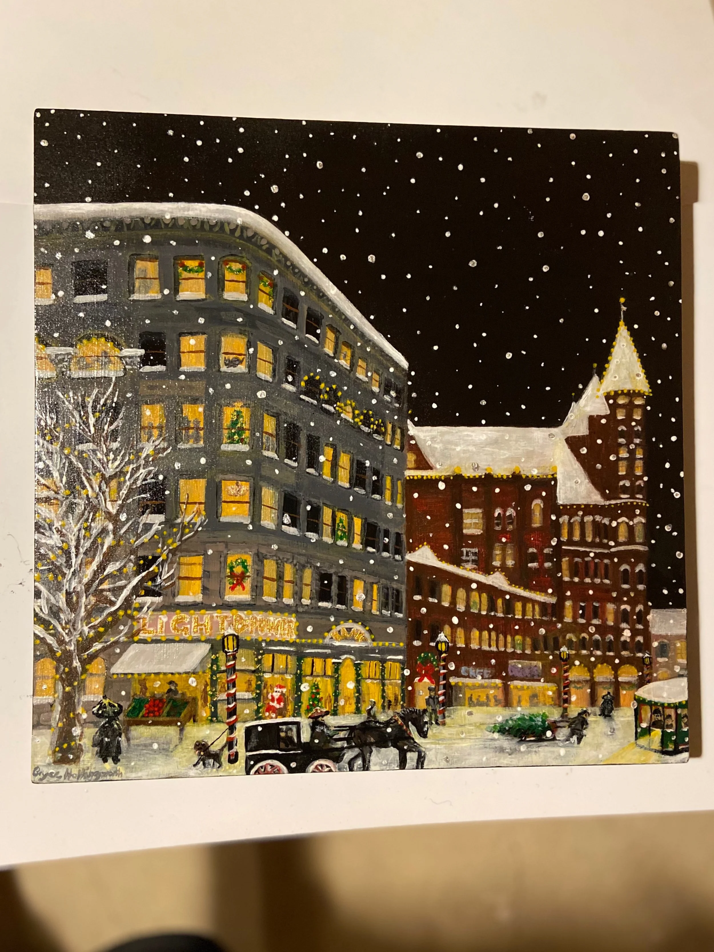 A painting of a festive winter scene in a city, with snow falling, lit buildings, horse-drawn carriages, and holiday decorations.
