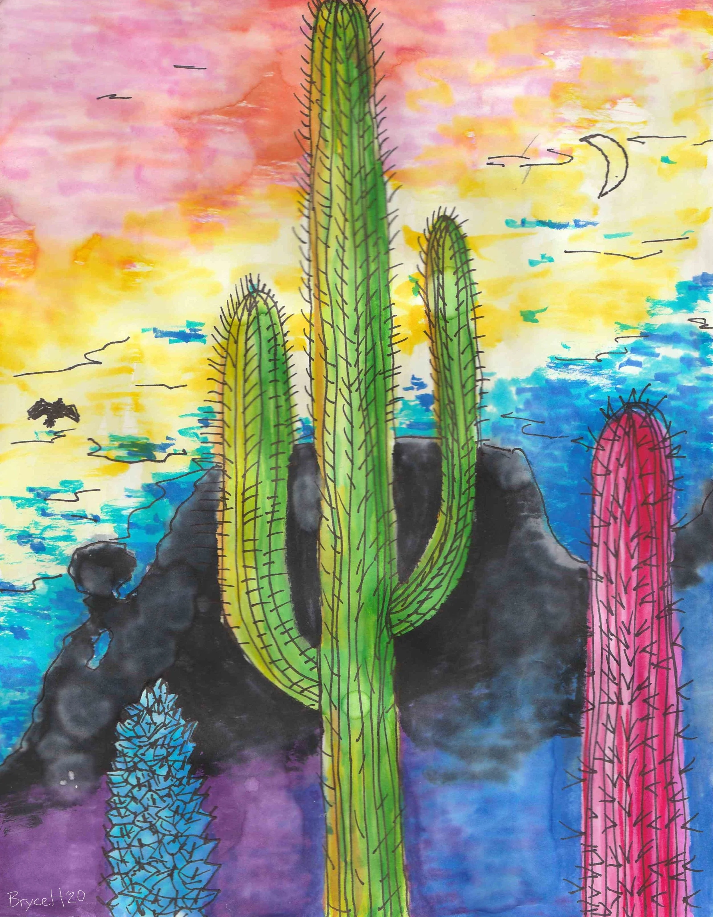 Colorful watercolor painting of desert cacti, including a tall green saguaro and a pink cactus, set against a vibrant sunset sky with shades of pink, orange, yellow, and blue, and a crescent moon.