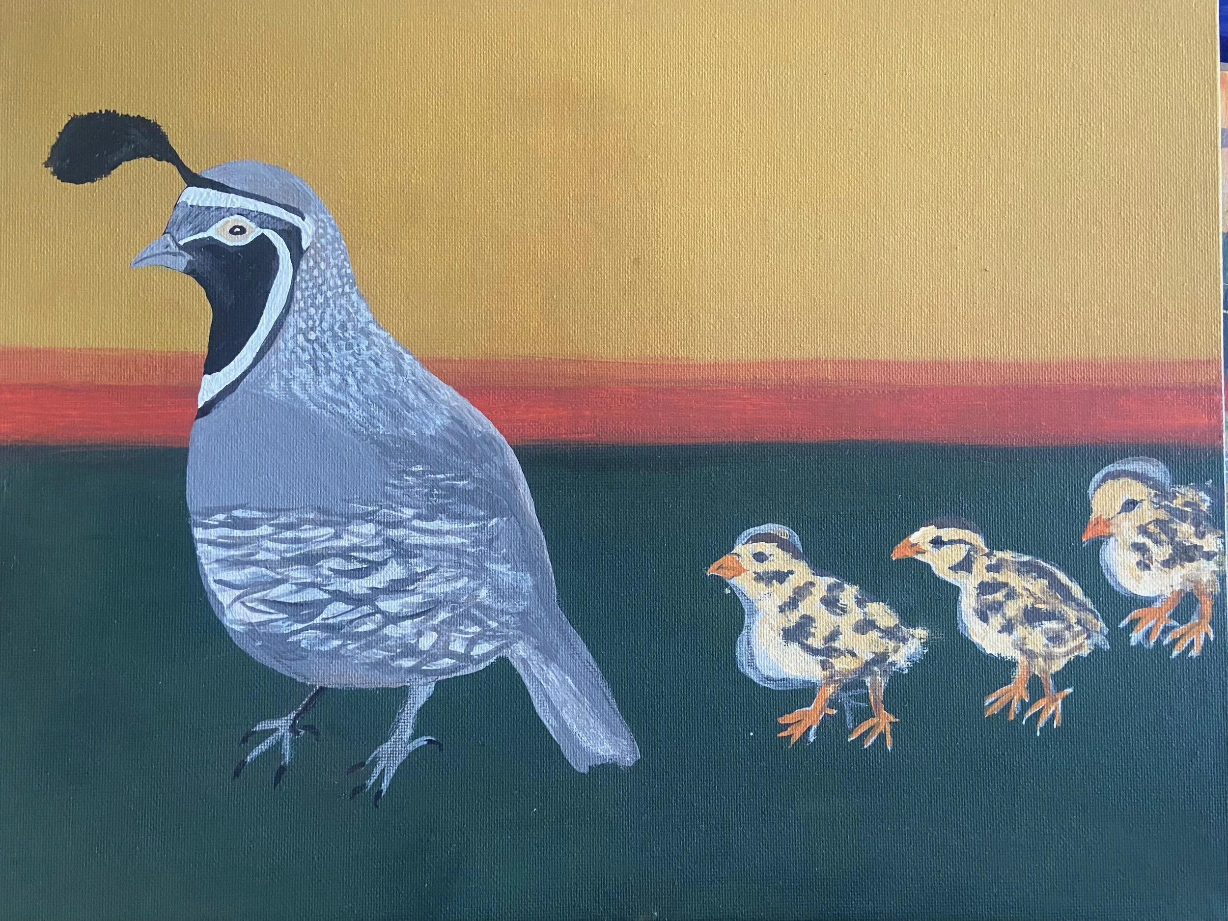 Painting of a mother quail with three chicks walking behind her on a green ground, with a yellow background and a red horizon line.