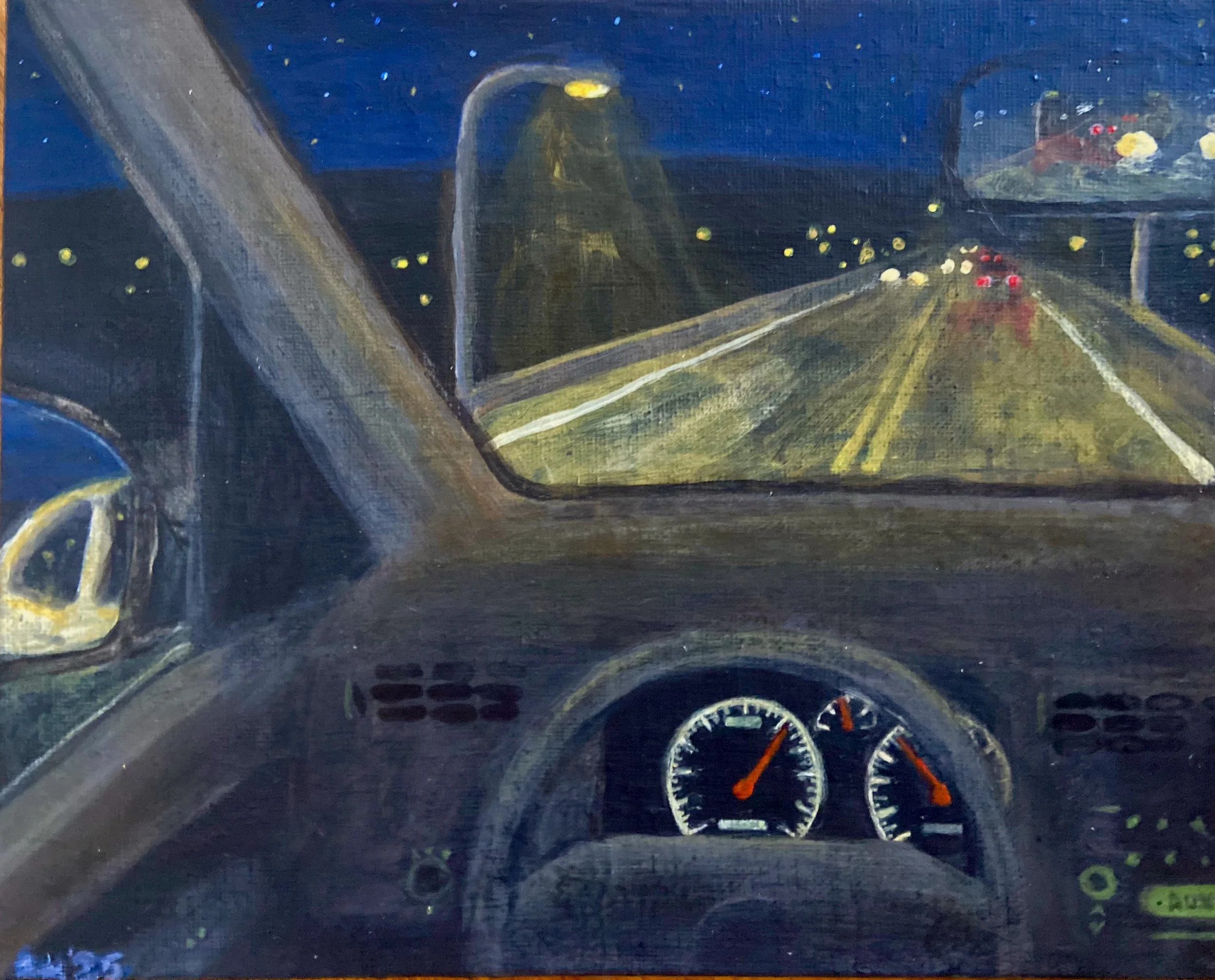 Painted scene of a nighttime drive through a mountainous area, viewed from inside a car. The dashboard and steering wheel are visible, with the highway ahead illuminated by streetlights and taillights from other vehicles.