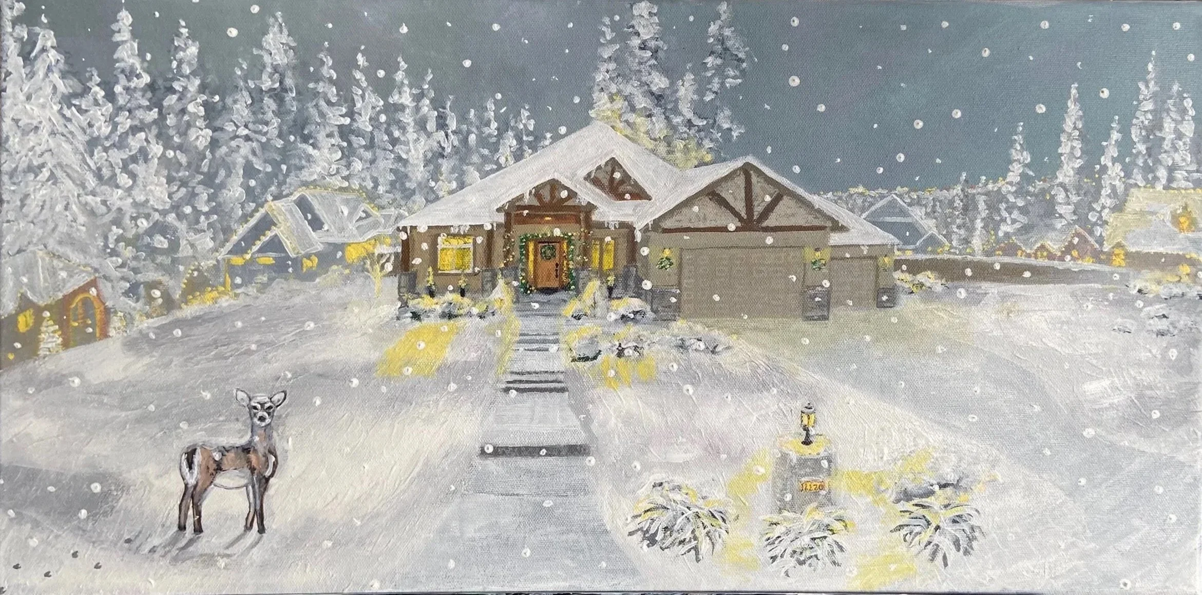 Painting of a snowy house with snow-covered trees in the background, a deer standing in the front yard, and snow falling.